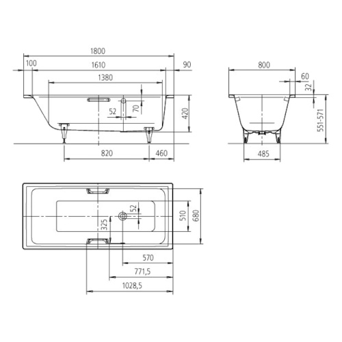 Ванна с водоотталкивающим и противоскользящим покрытием полный antislip Kaldewei Ambiente 255934013001 (детальная фотография), глубокие