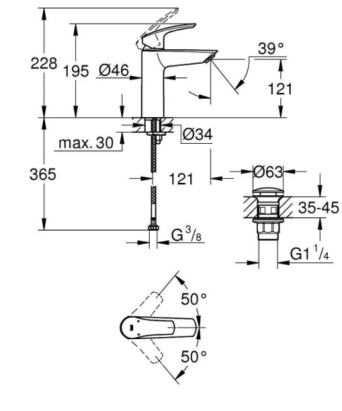 Смеситель для раковины Grohe Eurosmart с донным клапаном, хром 23923003 (детальная фотография), для раковины
