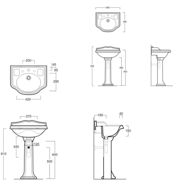 Раковина Simas Arcade 59 см белая, с 3 отверстиями под смеситель AR814bi*3 (детальная фотография), классические, ретро