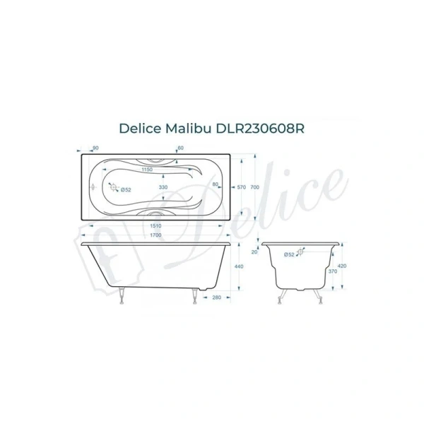 Ванна чугунная Delice Malibu 170x70 с отверстиями под ручки DLR230608R (детальная фотография), чугунные