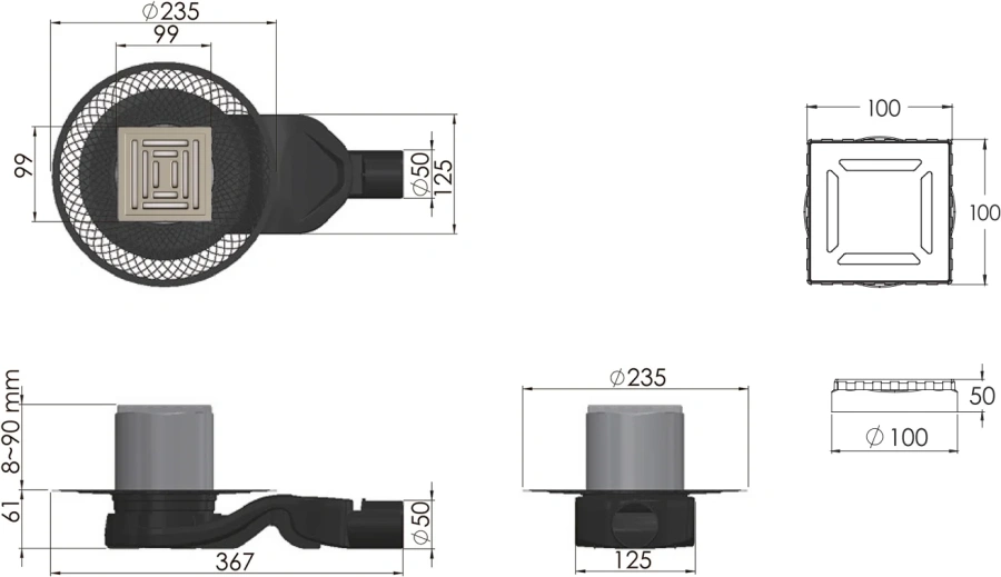 Душевой трап BERGES PLATZ Uno 10 см хром матовый 090169 (детальная фотография), с мокрым затвором