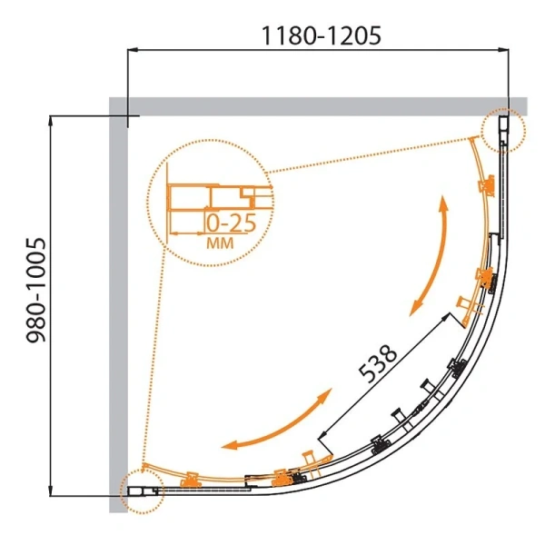Душевой уголок Cezares Molveno 120х100 см стекло рифленое MOLVENO-RH-2-120/100-P-Cr (детальная фотография), асимметричные