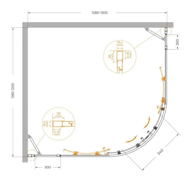 Душевой уголок Cezares Molveno 130х120 см стекло прозрачное профиль оружейная сталь MOLVENO-RH-22-130/120-C-GM-IV (детальная фотография), асимметричные