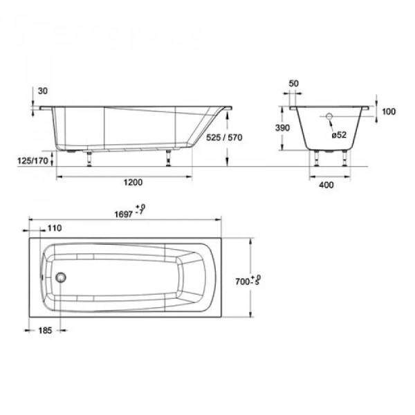 Ванна акриловая Jacob Delafon Patio 170х70 см (детальная фотография), акриловые