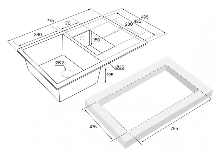 Мойка для кухни Paulmark Feste 77 см черный металлик PM237850-BLM (детальная фотография), врезные