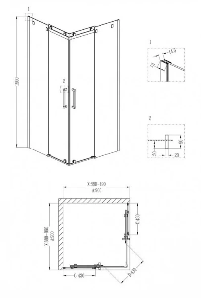 Душевой уголок Grossman Cosmo 90x90 см двери раздвижные GR-1090 (детальная фотография), квадратные