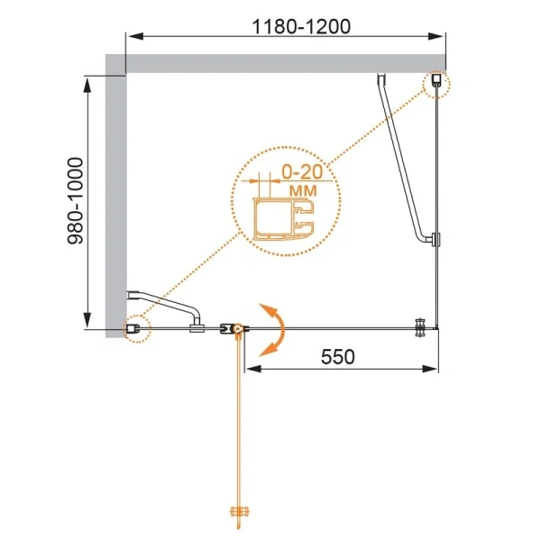 Душевой уголок Cezares Elena 120x100 см левый рифленое стекло ELENA-W-AH-1-120/100-P-Cr-L (детальная фотография), прямоугольные