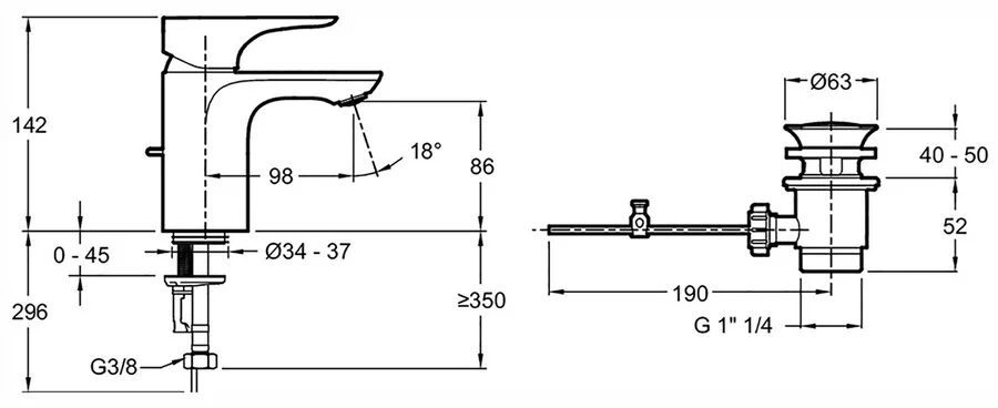 Смеситель для раковины Jacob Delafon Villette с донным клапаном E23718-CP (детальная фотография), для раковины