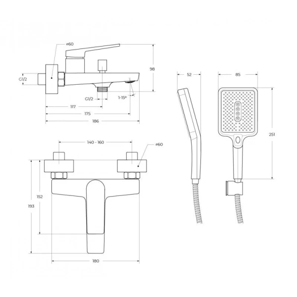 Смеситель для ванны BelBagno Ardente с ручным душем ARDENTE-VASM-CRM (детальная фотография), для ванны
