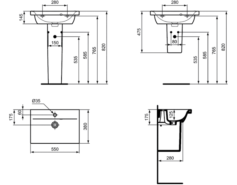 Схема (детальная фотография), подвесные, на полупьедестал, на пьедестал, пристенные