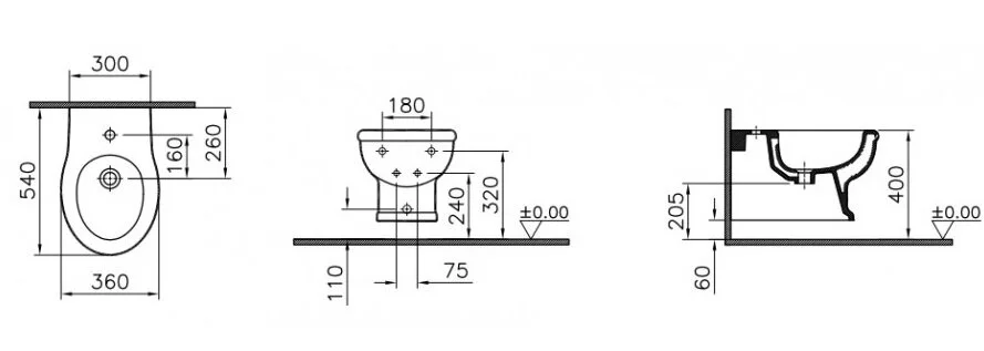 Биде подвесное VitrA Efes 5803 5803B003-0288 (детальная фотография), классические, ретро