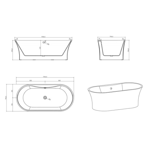 Ванна акриловая BelBagno 170х80 см отдельностоящая BB201-1700-800 (детальная фотография), овальные
