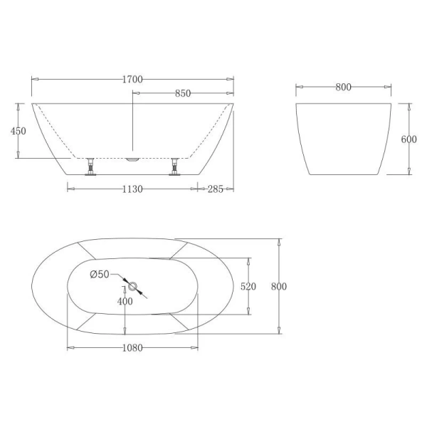 Ванна акриловая BelBagno 170х80 см овальная BB77-1700-W0 (детальная фотография), акриловые