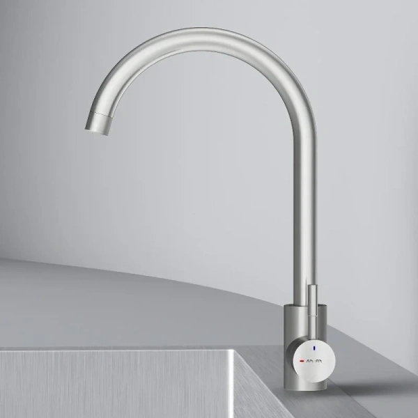 Смеситель для кухни Am.Pm X-Joy S сатин F85B07111 (детальная фотография), высокие, из нержавеющей стали, округлая форма