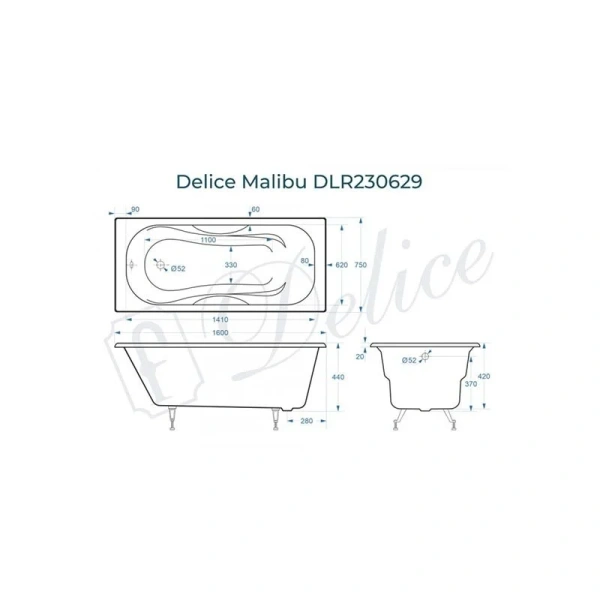 Ванна чугунная Delice Malibu DLR230629 160х75 см без ручек (детальная фотография), чугунные