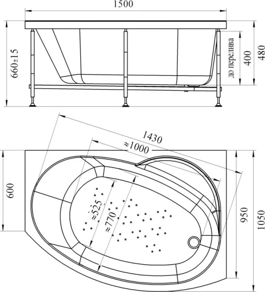 Акриловая ванна Радомир Монти 2-89-2-1-1-213/2-89-2-2-1-213, 150 x 105 см, L/R, фронтальный экран, каркас, сифон, слив-перелив автомат в комплекте, белая (детальная фотография), асимметричные