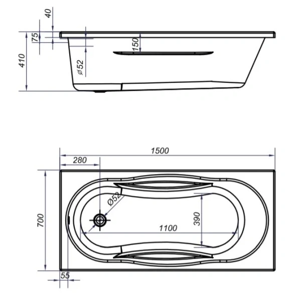 Ванна акриловая Mito Green 150 x 70 см, прямоугольная, белая, 63378 (детальная фотография), акриловые