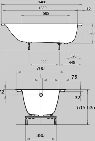 Стальная ванна Kaldewei Eurowa 140x70 см mod. 309-1 standard 119512030001 без покрытия, белая (1195.1203.0001) (детальная фотография), современныe, hi-tech