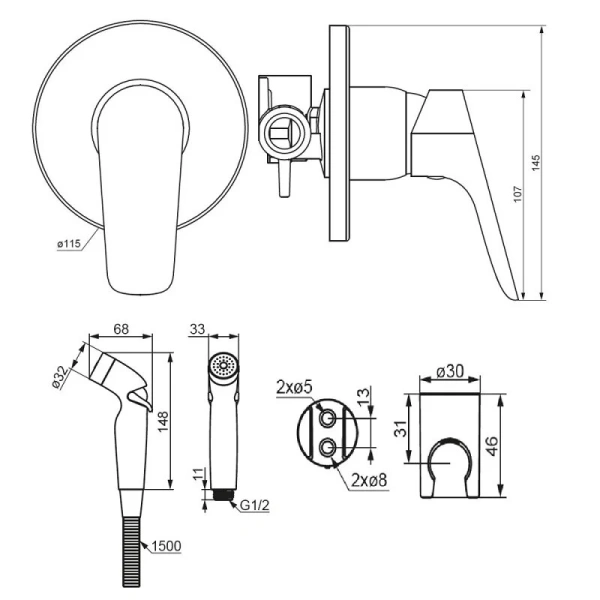 Гигиенический душ со смесителем Damixa Jupiter черный матовый 777510300 (детальная фотография), для туалета