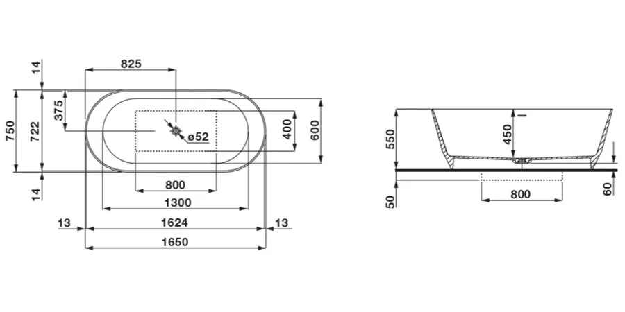 Ванна Laufen Pro 2.3995.2.000.000.1, 165 х 75 см, овальная (детальная фотография), искусственный камень