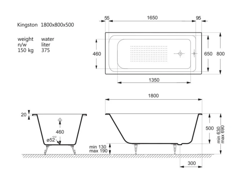 Чугунная ванна Vinsent Veron Kingston VKN1808050-AS, 180 x 80 см, с антискользящим покрытием, цвет белый (детальная фотография), чугунные