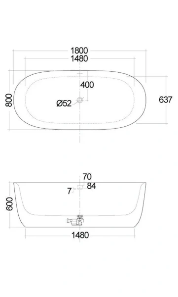 Ванна акриловая Kludi Elin 52BF0143, 180 x 80 см, белая (детальная фотография), акриловые