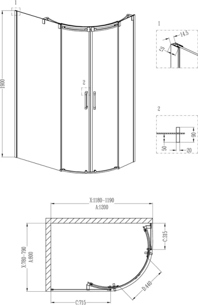 Душевой уголок Grossman Galaxy GR-4120 120x80 см 2 места (детальная фотография), 120х80