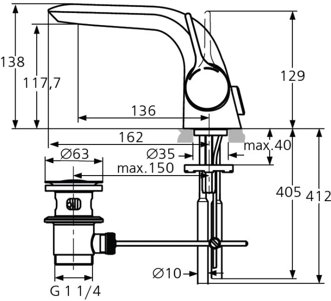Смеситель для раковины Ideal Standard Melange с донным клапаном A4258AA (детальная фотография), современные, hi-tech