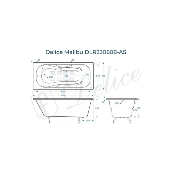 Ванна чугунная Delice Malibu 170x70 с антискользящим покрытием DLR230608-AS (детальная фотография), чугунные