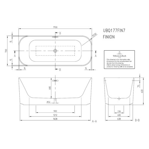 Ванна квариловая Villeroy & Boch Finion 170х70 см отдельностоящая, альпийский белый UBQ177FIN7A2BCV201 (детальная фотография), современныe, hi-tech