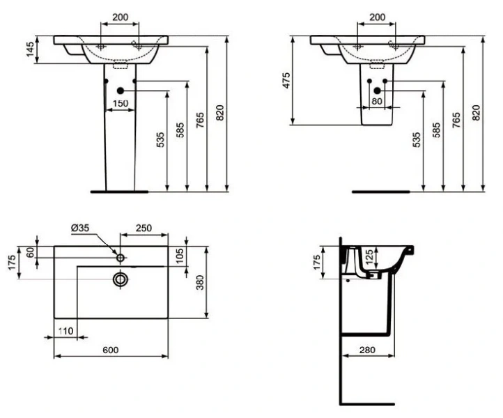 Раковина Ideal Standard Connect Space 60 см левая E136501 (детальная фотография), современные, hi-tech