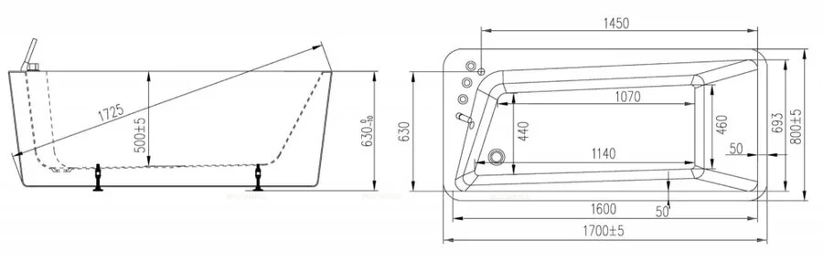 Ванна акриловая Orans BT-NL609BL/R, 170 х 80 см, левая/правая, белый (детальная фотография), акриловые
