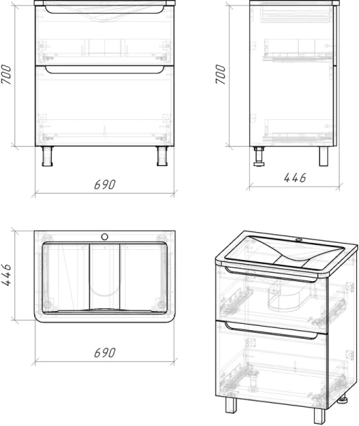 Тумба с раковиной напольная Grossman Адель 107005 70 см с выдвижными ящиками (детальная фотография), в наличии, по запросу
