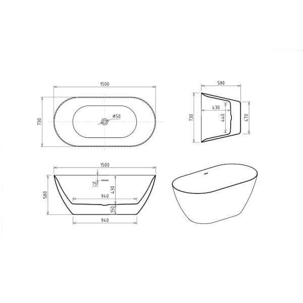Ванна акриловая Royal Bath Pafos RB611700WT, 150 x 73 см, цвет белый (детальная фотография), акриловые