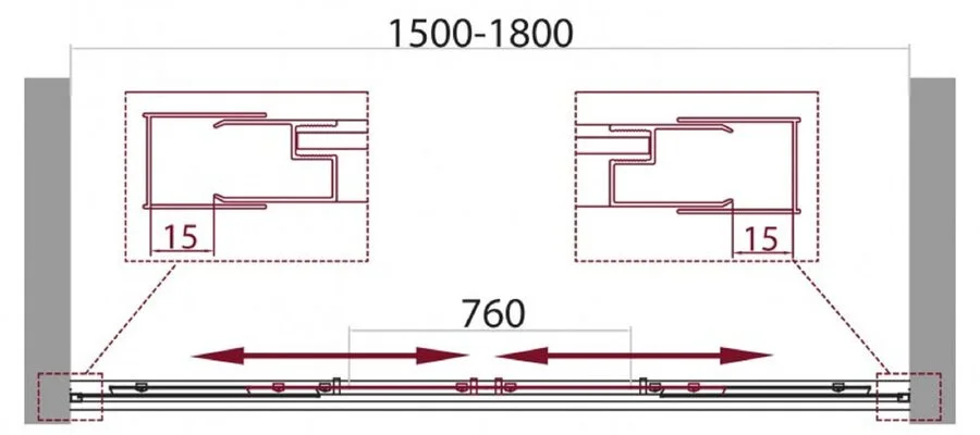 Душевая дверь в нишу BelBagno Unique 180 см стекло прозрачное UNIQUE-BF-2-150/180-C-Cr (детальная фотография), 150 см, 160 см, 170 см, 180 см