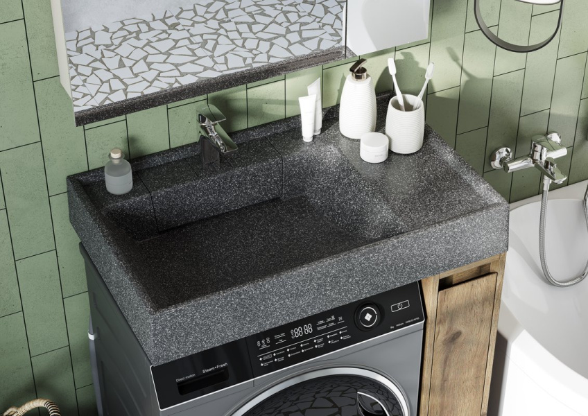 Раковина над стиральной машиной Акватон Рейн 80 см графит 1A72113KRW210 (детальная фотография), прямоугольной формы, кувшинка