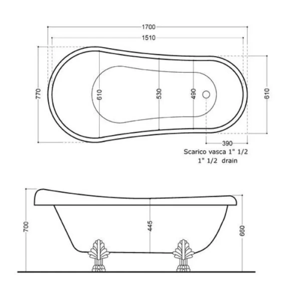 Ванна отдельностоящая ножки цвет бронза 170х77 Kerasan Retro 105593 (детальная фотография), квариловые