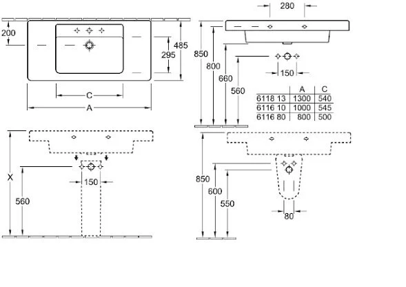 Раковина Villeroy & Boch Omnia Architectura 100 см белая, с 1 отверстием под смеситель 61161001 (детальная фотография), подвесные, на полупьедестал, на пьедестал, пристенные