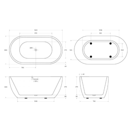 Ванна акриловая BelBagno 150х75 см отдельностоящая BB70-1500 (детальная фотография), овальные