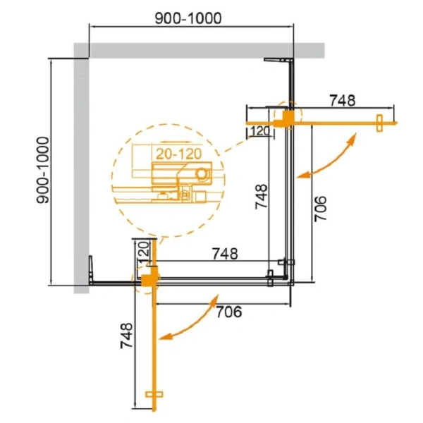 Душевой уголок Cezares Slider 100x100 см стекло бронзовое профиль черный SLIDER-A-2-90/100-BR-NERO (детальная фотография), квадратные