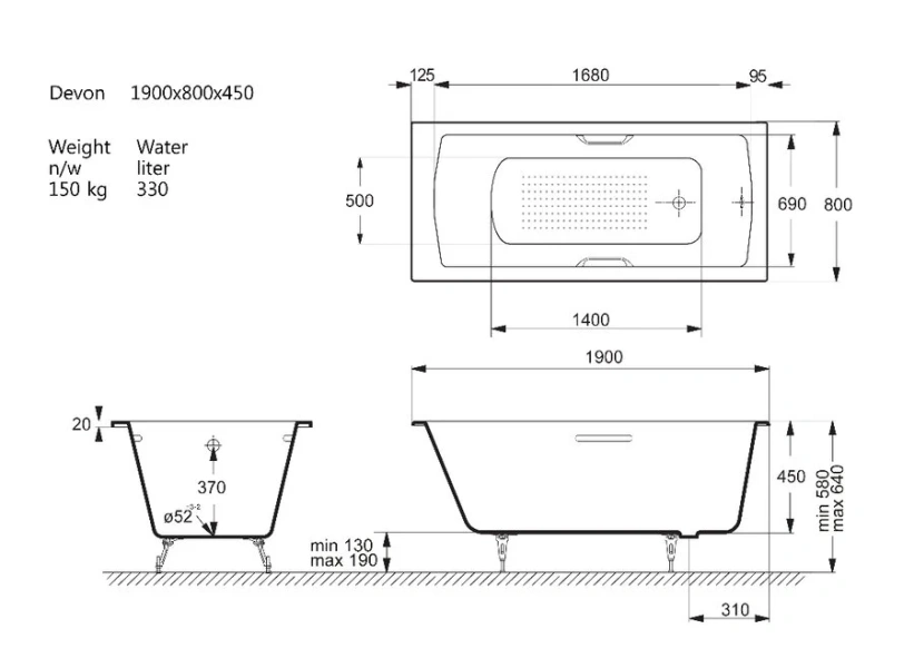 Чугунная ванна Vinsent Veron Devon VDV1908045H/VH0012BL-AS, 190 x 80 см, с антискользящим покрытием, ручки черные матовые, цвет белый (детальная фотография), чугунные