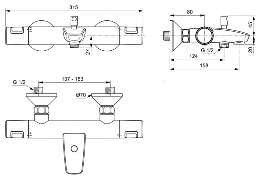 Смеситель для ванны Ideal Standard Ceratherm T25 термостатический, хром A7206AA (детальная фотография), для ванны