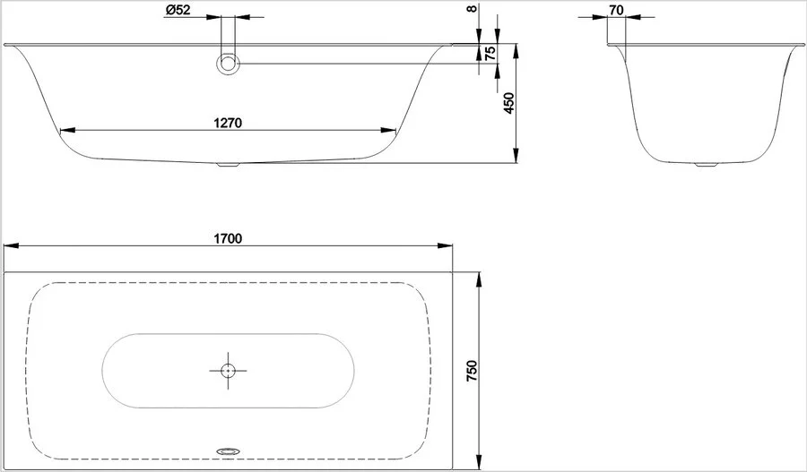 Ванна стальная Bette Lux 170 x 75 х 45 см, с шумоизоляцией, для удлиненного слива-перелива, белый, 3440-000 PLUS (детальная фотография), стальные
