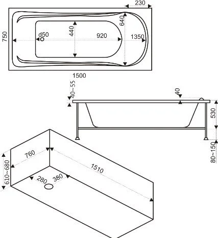 Ванна акриловая Bas Бриз В 00006, 150 х 75 см, белый (детальная фотография), акриловые