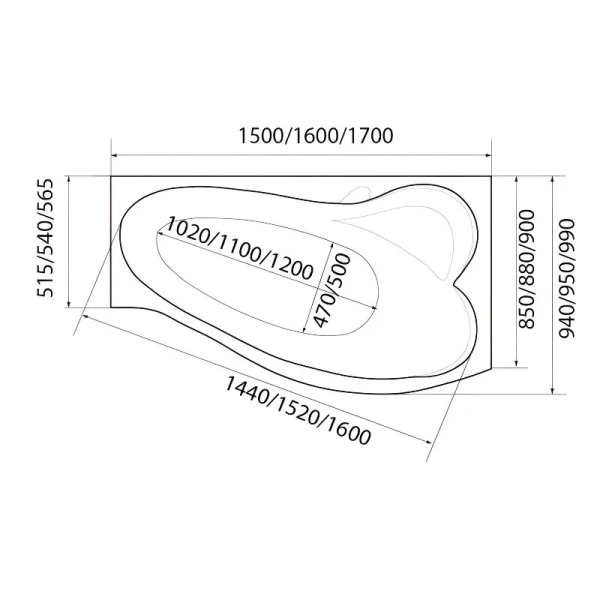 Ванна акриловая 1MarKa Gracia 01гр1710лкп/01гр1710пкп, 170 x 100 см, левая/правая, цвет белый (детальная фотография), акриловые