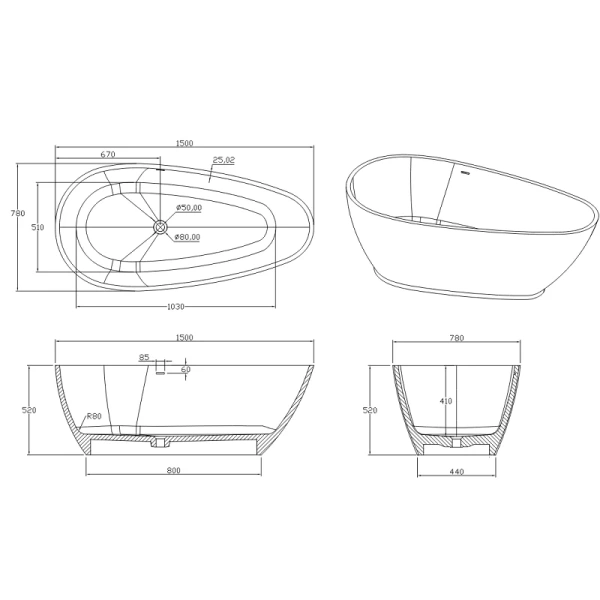 Акриловая ванна Timo RALI1500, 150 х 80 см, цвет белый (детальная фотография), акриловые