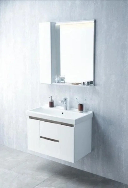 Тумба под раковину подвесная Акватон Рене 80 см белый глянцевый/грецкий орех 1A258601NRC80 (детальная фотография), 80 см