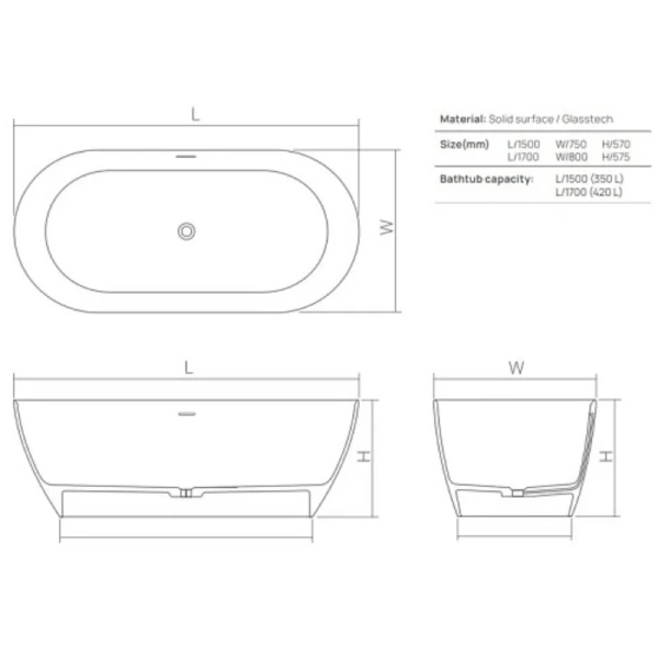 Ванна DEA Design Edge DD8670 1700 R4, 170 х 80 см, полиэфирная смола, цвет smoky black (дымчато-черный) (детальная фотография), полиэфирная смола