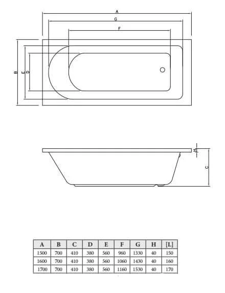Акриловая ванна C-Bath Rea CBQ002003 170 х 70 см, белая (детальная фотография), без гидромассажа