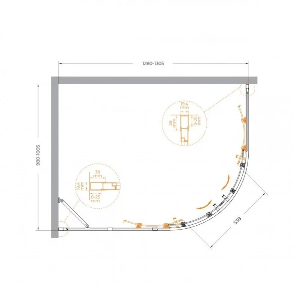 Душевой уголок Cezares Molveno 130х100 см стекло прозрачное MOLVENO-RH-2-130/100-C-Cr-IV (детальная фотография), асимметричные